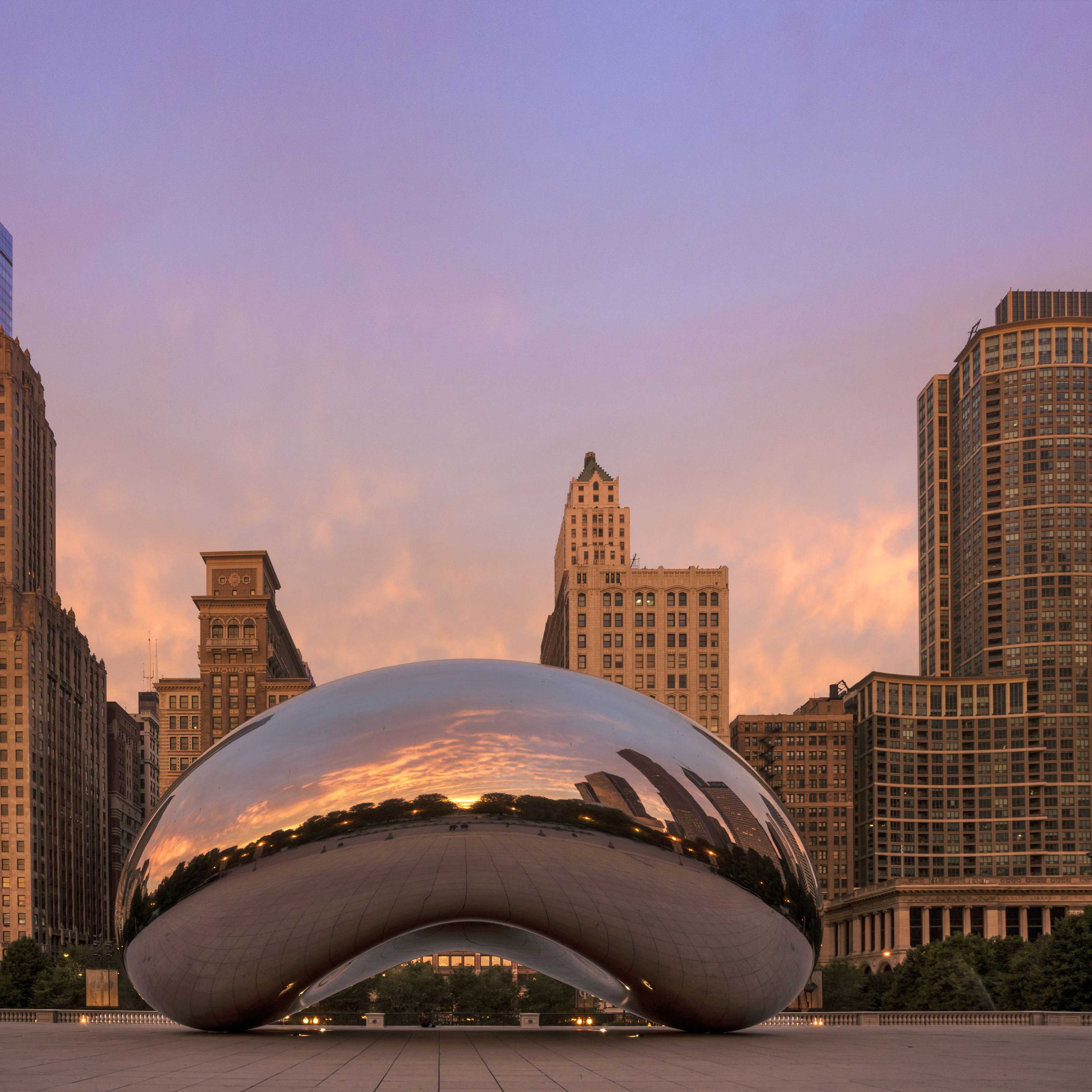 Twilit ground shot of the Cloud Gate